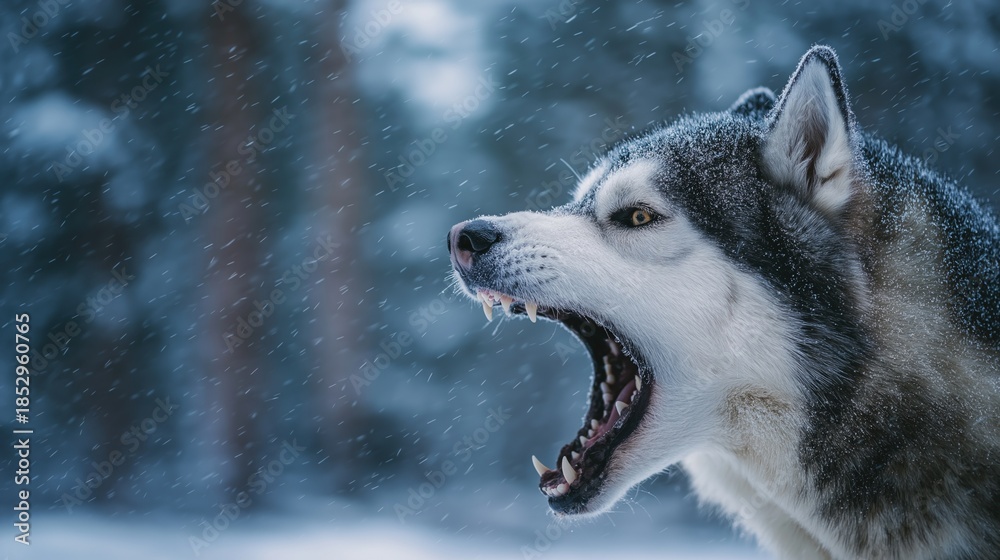 Obraz premium Snarling Husky in Snowy Winter Forest