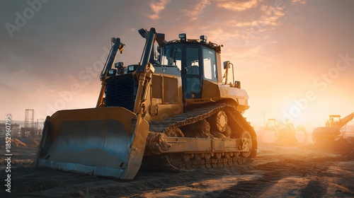 Heavy-duty bulldozer at construction site during golden hour, ready for work.