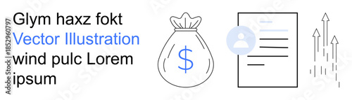 Financial planning, business growth, income management, personal finance, corporate strategy, data organization. Money bag, document growth arrows and user icon. Financial planning and business