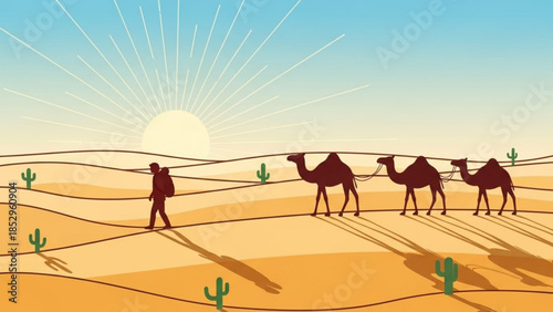 Lone traveler with camels crossing a vast desert landscape at sunrise symbolizing journey and adventure flat vector illustration