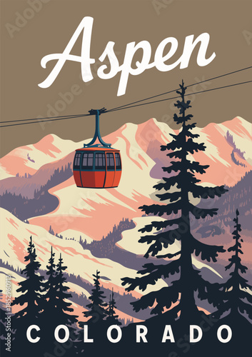 Travel resort Aspen Ski poster retro, Colorado USA winter landscape, snow-covered mountains, ski slopes, cozy alpine village, nostalgic travel card illustration