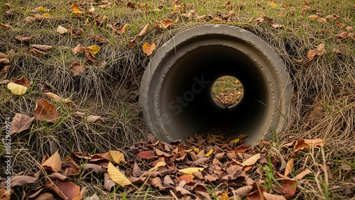 Wallpaper Mural Concrete drainage pipe surrounded by autumn leaves in grass   Torontodigital.ca
