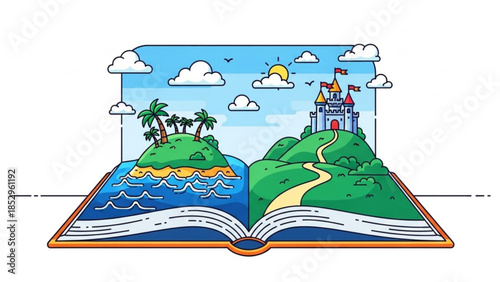 Open book with fantasy landscape tropical island and castle concept of imagination and storytelling vector illustration