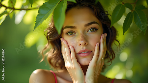 Woman Face Framed by Green Leaves in Soft Light
