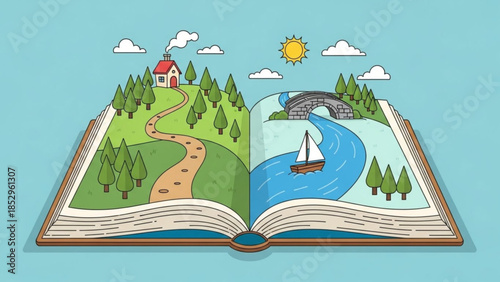 Open book displaying a landscape with a house and path on one side and a river with a sailboat and bridge on the other concept of storytelling and imagination flat vector illustration