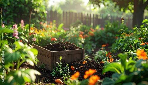 Composting bin in a thriving garden