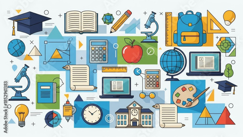 Collection of education and school icons flat design elements for learning and knowledge concepts presented on a white background