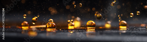 The movement of engine oil droplets, an amber-colored liquid, bokeh light