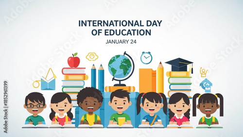 International Day of Education illustration diverse children learning with books and school supplies concept for knowledge and global learning January 24