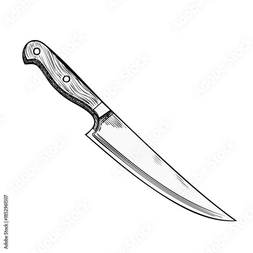 Detailed vintage illustration of a butcher knife, showing wood grain handle with etching details for use in the kitchen
