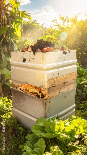 Composting Bin in a Lush Garden