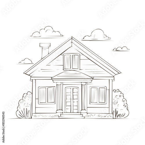 Hand-drawn house illustration with a chimney and front porch, simple family residence concept sketch