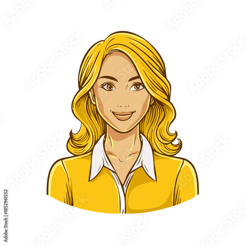 Smiling blonde woman portrait illustration showcases bright yellow blouse and wavy hair a youthful cartoon face