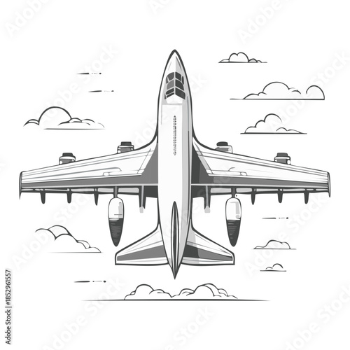 Airplane Soaring Through the Skies Artistic Line Drawing Aerial View