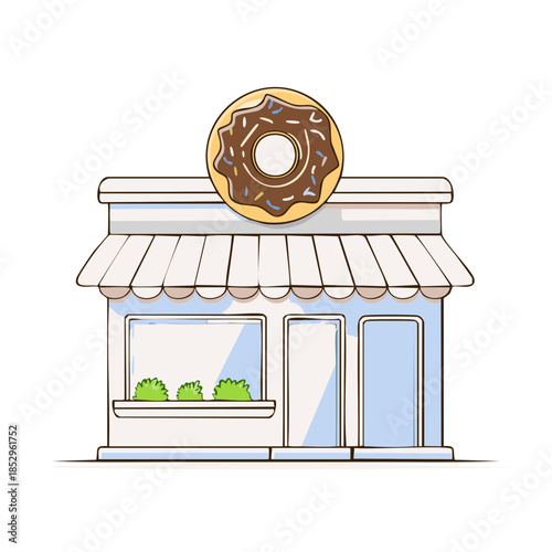 Cartoon Donut Shop Building with Signage Illustration, Confectionery Storefront, Cute Design