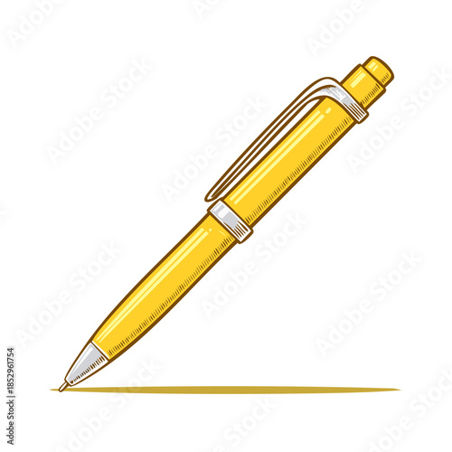 Illustration of a vibrant yellow ballpoint pen casting a shadow on a white surface, close-up view for office supply and writing concept