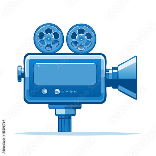 Retro Style Movie Camera Illustration with Film Reels, Lens, and Buttons