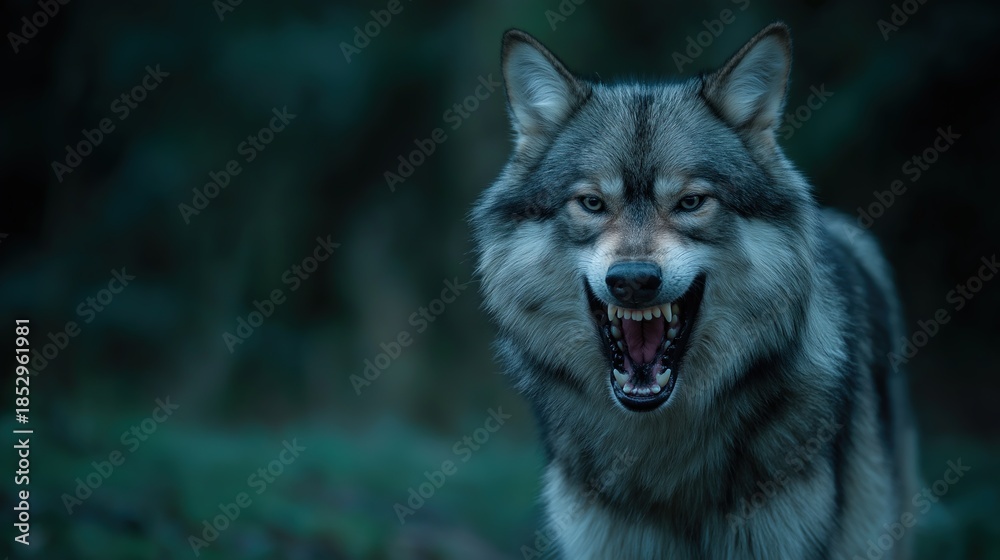 Obraz premium Snarling Wolf in Dark Forest Closeup