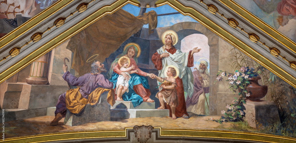 Obraz premium Voghera - The freso of Holy Family and St. Zachariah, Elizabeth, and St. John the Baptist in Domo - Collegiata di San Lorenzo by Luigi Morgari (1906 - 1908).