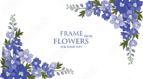 Elegant floral frame with blue and purple flowers, green leaves, decorative corner design for text or invitation.