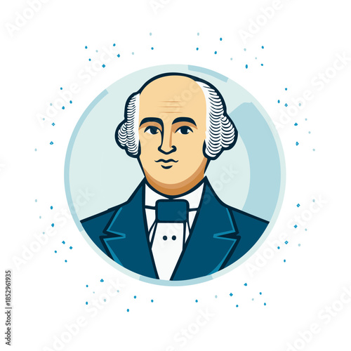 Serious man portrait in formal dress inside a blue circle surrounded by small stars, reminiscent of historical figure