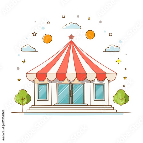Red and White Striped Tent Building with Trees and Clouds Illustration