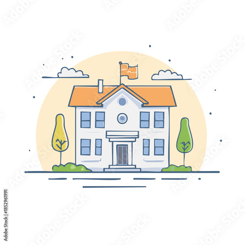 Illustration of a Simple School Building with Flag and Trees Against a Yellow Circle