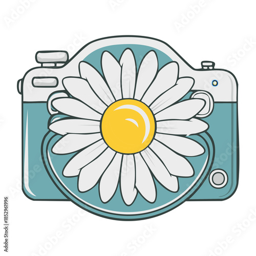 Vintage camera with daisy bloom covering the lens adding a creative touch for photography enthusiasts and visual artists