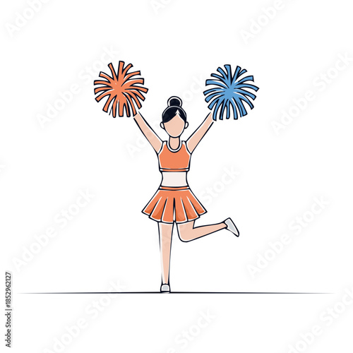 Cheerleader with Pom Poms Performing Routine, Isolated Minimalist Vector Illustration