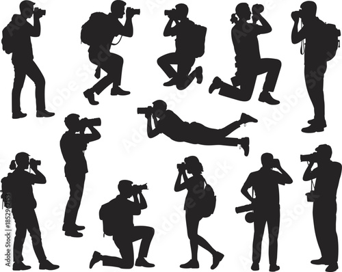 Photographer silhouettes collection showing dynamic professional camera shooting poses black vector illustration isolated on white background creative studio concept