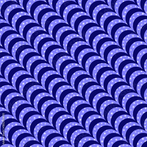 Seamless pattern, blue wave background with white snowflakes and stars. Vector illustration.