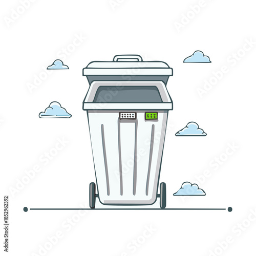 A White Waste Container with Open Lid and Small Wheels Surrounded by Clouds Clean Environment Cartoon Vector Graphic