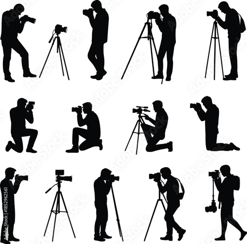 Photographer silhouettes collection showing professional shooting poses with cameras and tripods black vector illustration isolated on white background studio concept