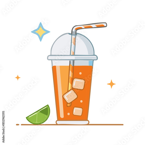 Refreshing Orange Drink with Ice Cubes and Lime in a Plastic Cup Cartoon Style Illustration