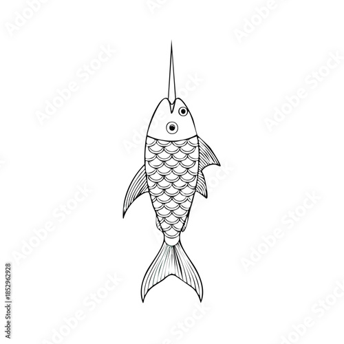 Single Line Art of Mythical Narwhal Fish with Spiraling Horn Standing Vertically Against White Background