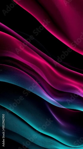 Abstract flowing ribbons of vibrant magenta and turquoise light gracefully cascade across a black background creating a dynamic and modern digital art design