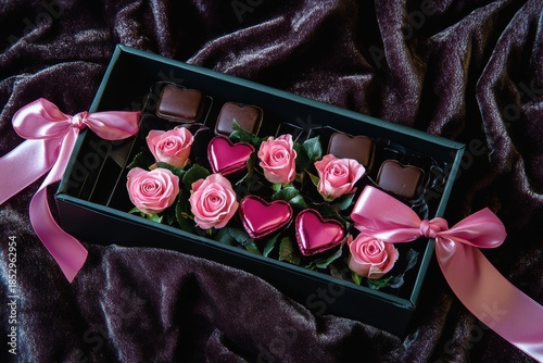 Elegant box of pink roses and chocolate hearts on velvet fabric