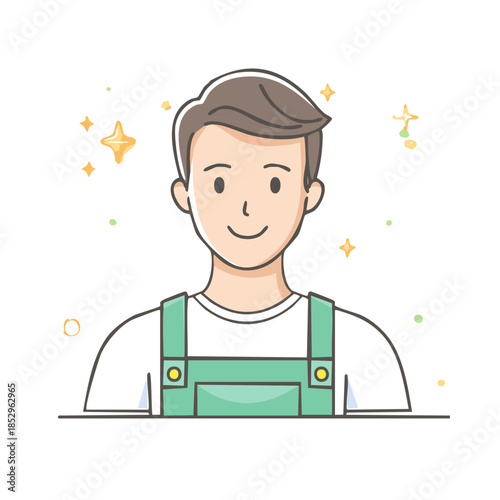 Cartoon portrait of a young man smiling, wearing overalls, showcasing optimism and approachable friendly demeanor, with twinkling sparkles around him.