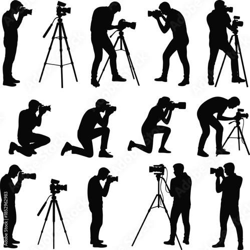 Photographer silhouettes set featuring diverse shooting poses with cameras and tripods black vector illustration isolated on white background studio photography