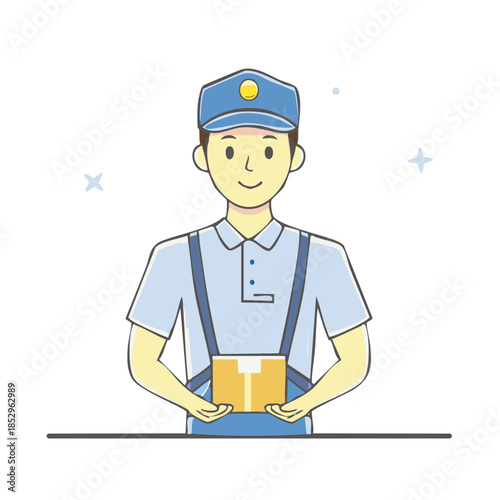Smiling Cartoon Courier Delivering Package with Uniform and Hat for Secure Delivery Service