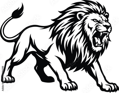 A fierce black and white illustration of a roaring lion in profile view