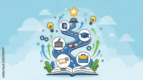 Educational journey illustration depicting a path of learning and achievement with graduation cap diploma and briefcase icons representing career growth and success