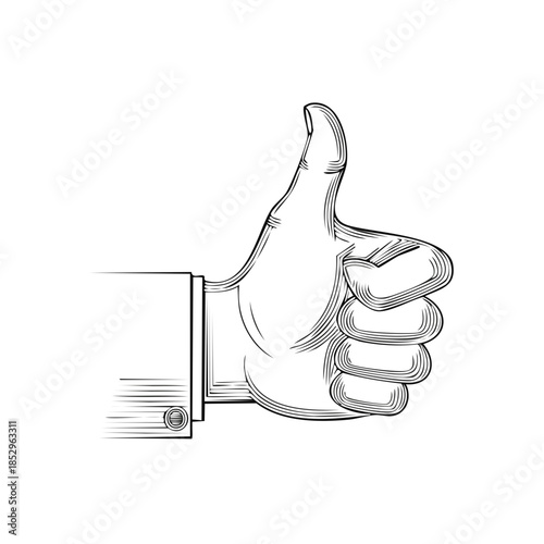 Engraved Hand Giving Thumbs Up Illustration Expressing Approval Support Agreement or Recommendation Isolated Vector Graphic