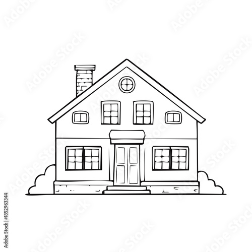 Hand-Drawn Home Illustration: Exterior View, Gable Roof, Brick Chimney, and Bushes in Black and White