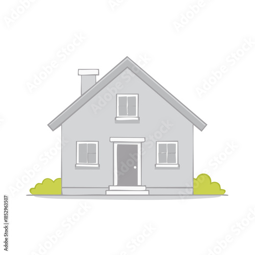 Simple House Illustration Gray Facade with Chimney and Bushes Front Yard
