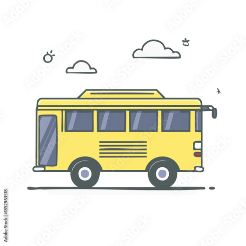 Yellow bus illustration in flat design under a bright sky with fluffy clouds passenger vehicle design for school transport, delivery or tour in isolated background