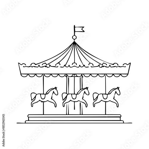 Whimsical merry-go-round with horses illustration: Classic children's ride artwork, vintage fairground amusement, monochrome.