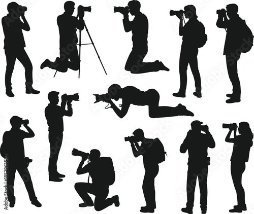 Photographer silhouettes set featuring multiple dynamic shooting poses with professional cameras black vector illustration isolated on white background studio concept
