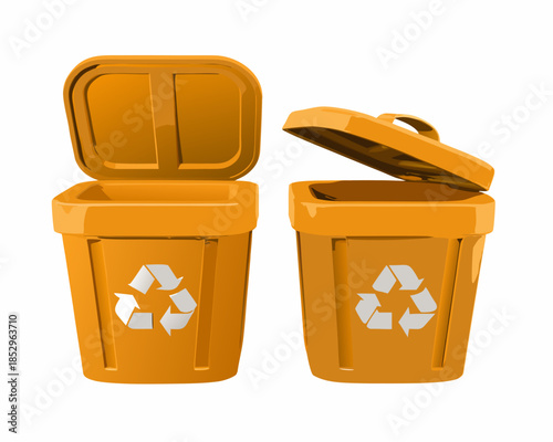 Two orange recycling bins with open lids and recycling symbols displayed