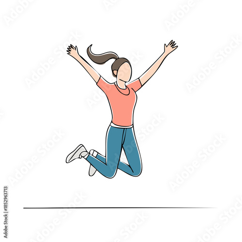 Excited woman jumping in the air, celebrating success and freedom with arms raised in celebration, full body illustration